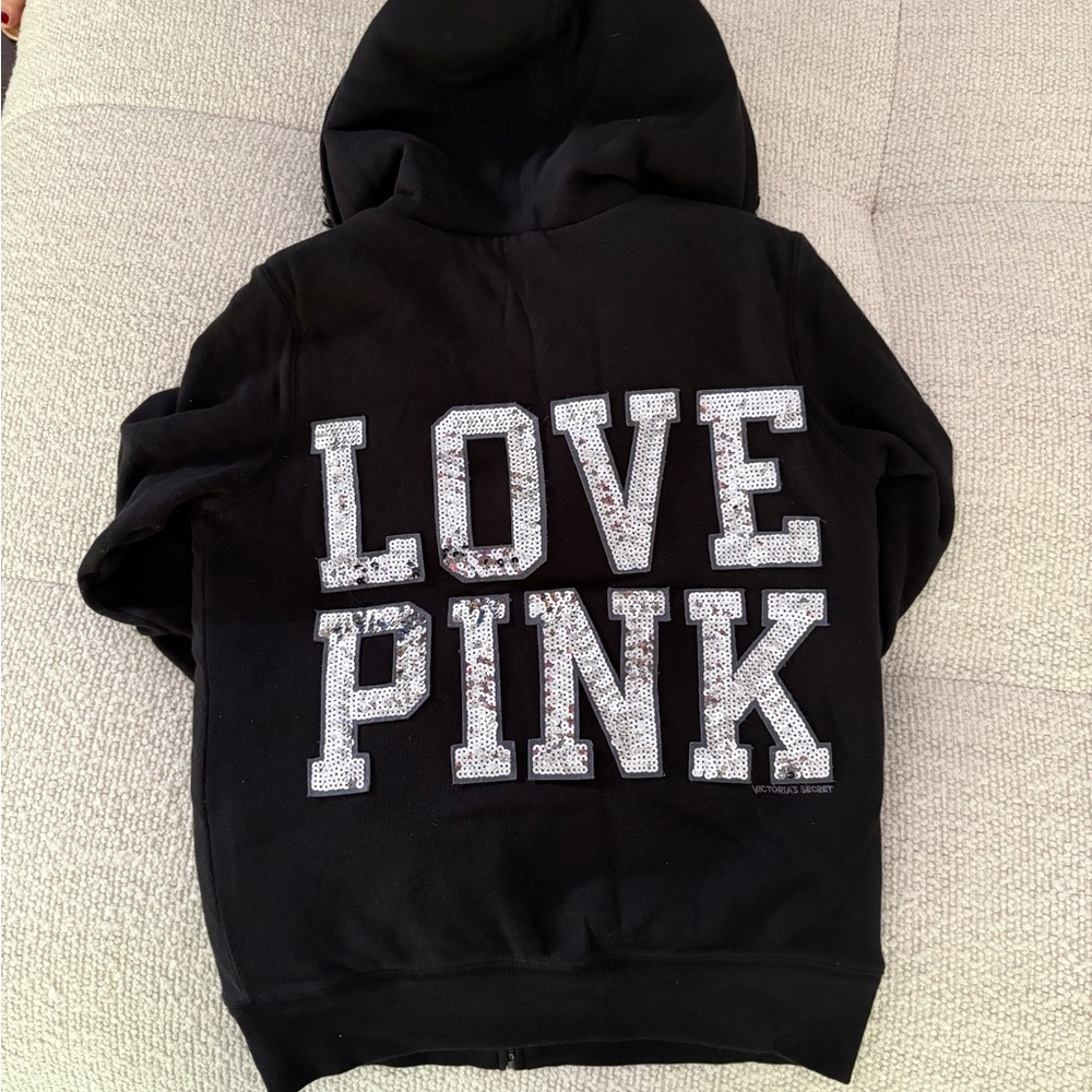 VICTORIAS SECRET LOVE PINK FUZZY LINED BLING ZIP UP SWEATSHIRT RARE Y2K